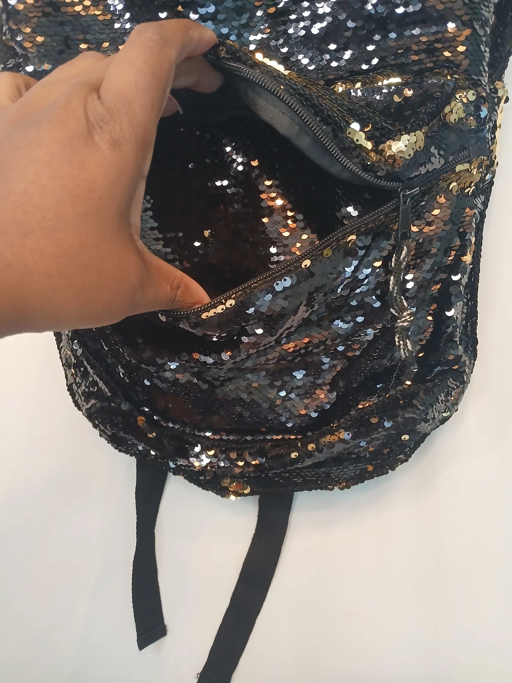 Black & Gold Reversible Sequin Zip Top Backpack NWOT